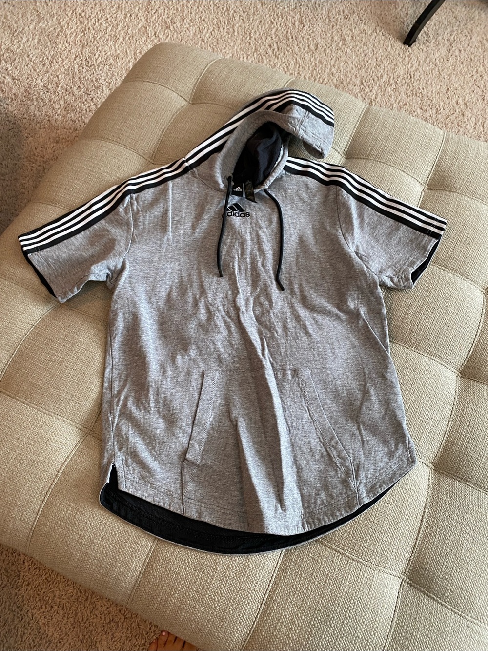 adidas Gray Short-Sleeve Hooded Pullover with Black Stripes